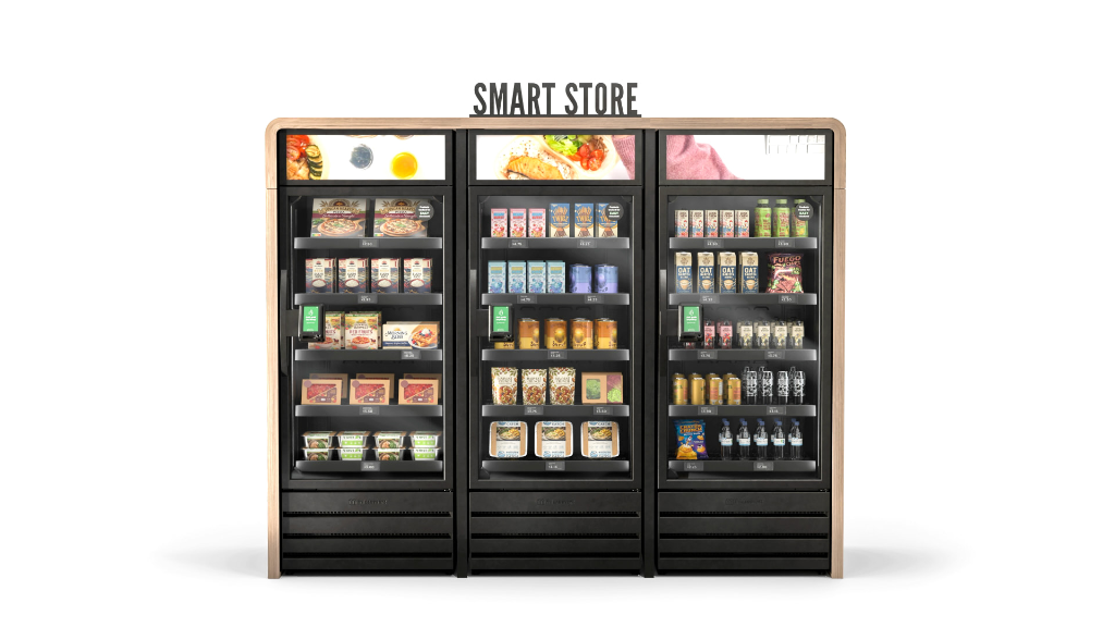MicroMart smart market with wood enclosure inside a modern office breakroom